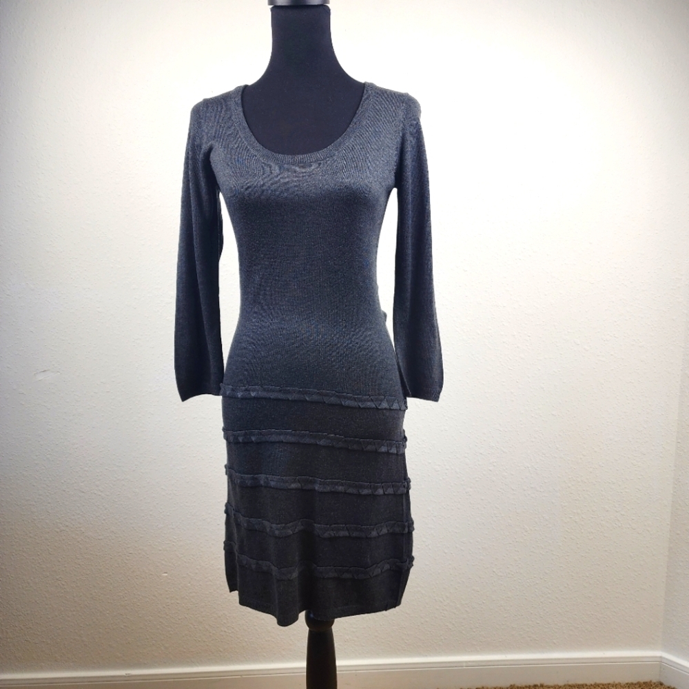 Calvin Klein Bodycon Knit Ruffled Dark Gray Career Office Soft Dress Size XS